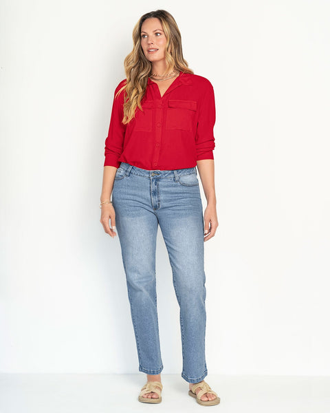 Camisa manga larga con botones y bolsillos funcionales#color_340-rojo
