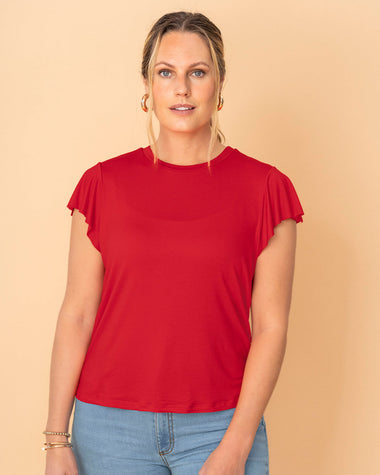 Camiseta manga corta con cuello redondo y vuelo en bordes en mangas#color_340-rojo