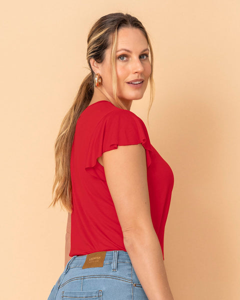 Camiseta manga corta con cuello redondo y vuelo en bordes en mangas#color_340-rojo
