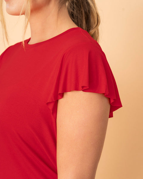 Camiseta manga corta con cuello redondo y vuelo en bordes en mangas#color_340-rojo