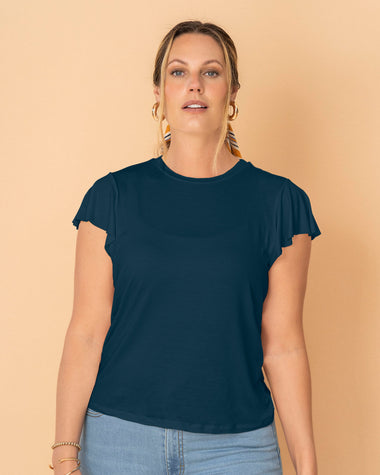 Camiseta manga corta con cuello redondo y vuelo en bordes en mangas#color_543-azul-petroleo