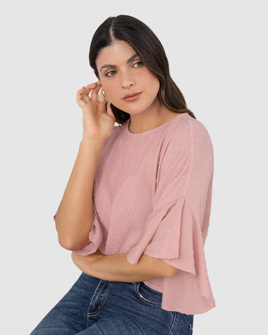 Blusa manga corta con vuelo en bordes y cuello alto#color_036-rosa