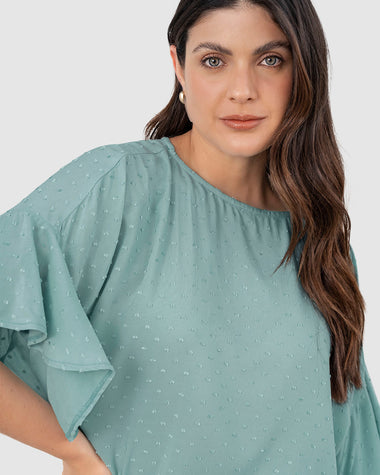 Blusa manga corta con vuelo en bordes y cuello alto#color_601-verde-claro