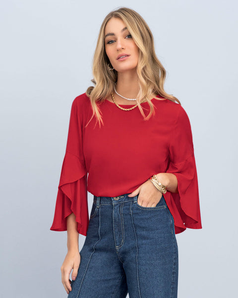 Blusa manga corta con cuello redondo y vuelo en borde en mangas#color_302-rojo