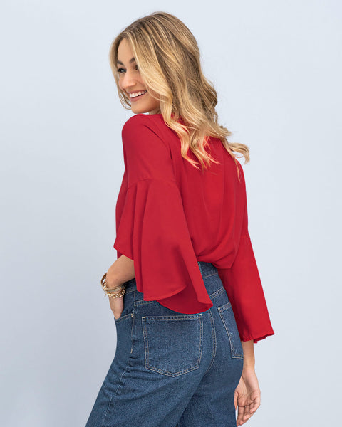 Blusa manga corta con cuello redondo y vuelo en borde en mangas#color_302-rojo