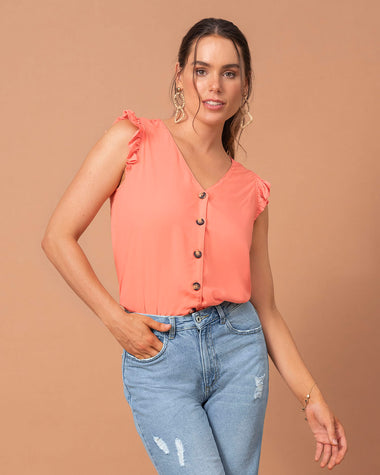 Blusa manga sisa con botones  funcionales  y detalle de vuelo en borde en hombros#color_271-mandarina