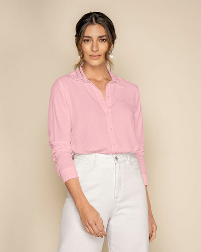 Blusa manga larga con cuello camisero y botones funcionales#color_301-rosado