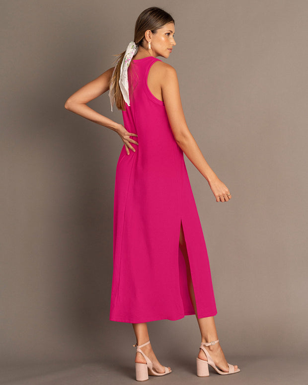 Vestido largo con cuello redondo y abertura en laterales#color_368-rosado