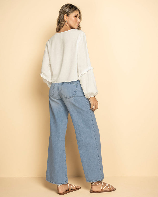Blusa manga larga con elástico en mangas en tejido plano#color_018-marfil