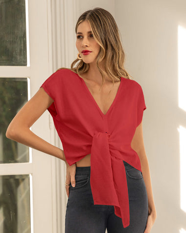 Blusa manga corta cuello en V y tira gruesas anudables#color_302-rojo