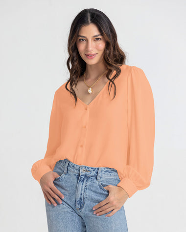 Blusa manga larga escote en V#color_279-coral