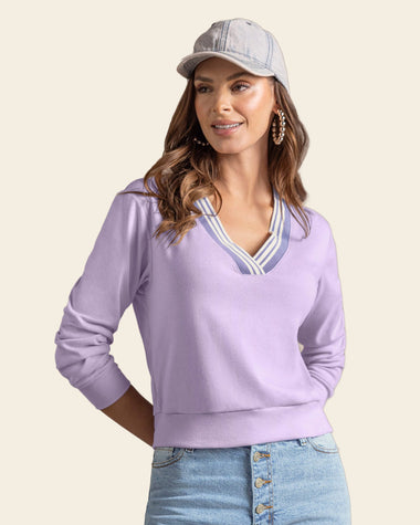 Camiseta manga larga cuello en V tejido#color_412-lavanda-pastel