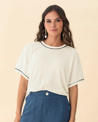 Camiseta manga corta cuello y mangas tejidos#color_018-marfil