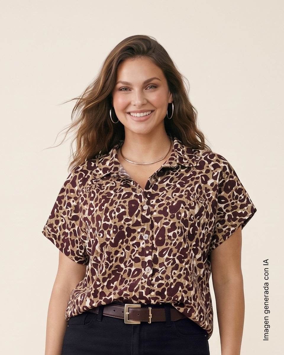 Blusa estampada de manga corta y cuello camisero