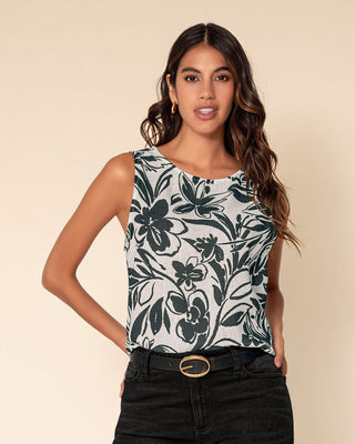 Blusa manga sisa estampada de cuello redondo alto#color_001-marfil-est