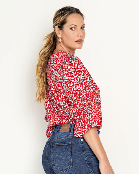 Blusa estampada con elástico recogido para mangas tipo globo#color_145-estampado-flores-pequenas