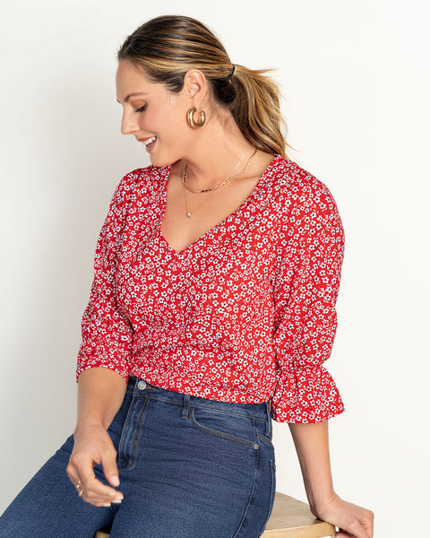 Blusa estampada con elástico recogido para mangas tipo globo#color_145-estampado-flores-pequenas