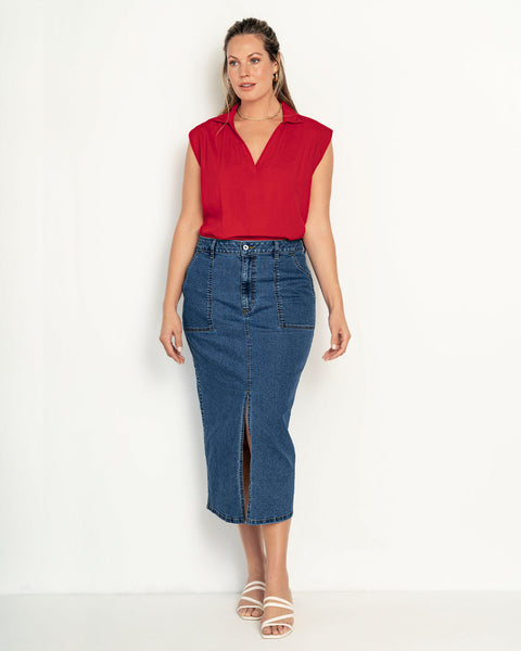 Blusa manga sisa cuello camisero en V#color_340-rojo