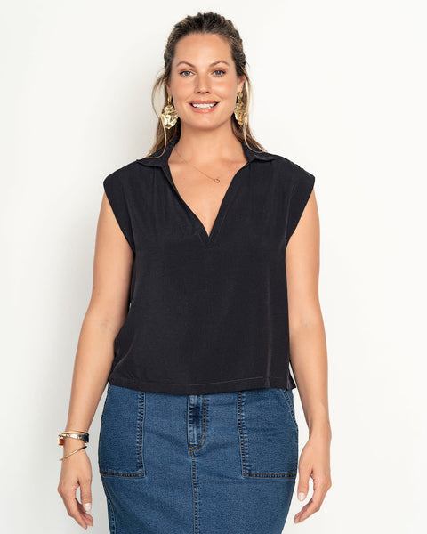 Blusa manga sisa cuello camisero en V#color_700-negro