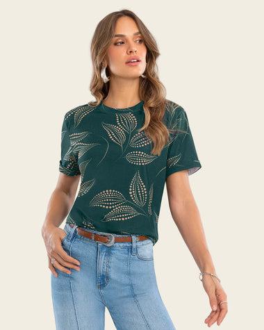 Camiseta manga corta estampada con doblez en manga#color_145-hojas-verde