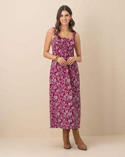 Vestido largo estampado de escote cuadrado#color_145-estampado-vino-flores