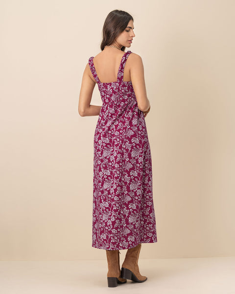 Vestido largo estampado de escote cuadrado#color_145-estampado-vino-flores