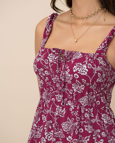 Vestido largo estampado de escote cuadrado#color_145-estampado-vino-flores
