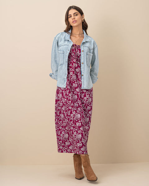 Vestido largo estampado de escote cuadrado#color_145-estampado-vino-flores