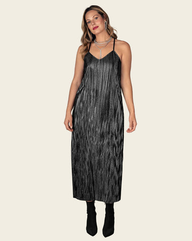 Vestido largo con acabado brillante#color_700-negro
