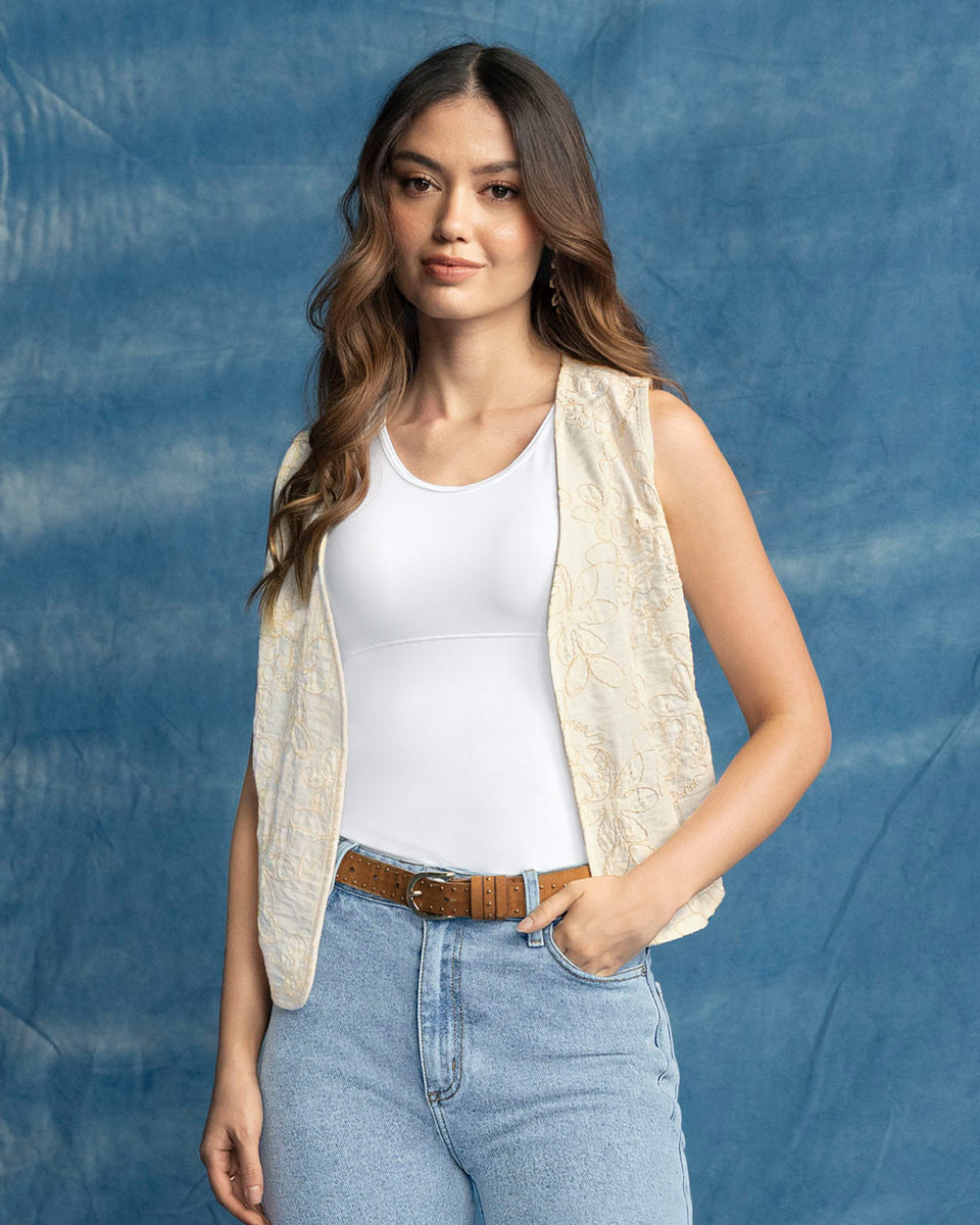 Chaleco manga sisa abierto en tela bordada