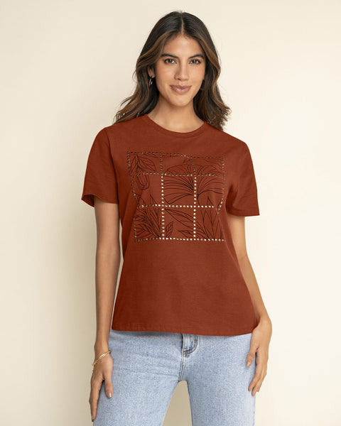 Camiseta manga corta en algodón con estampado en frente#color_c20-terracota-estampado