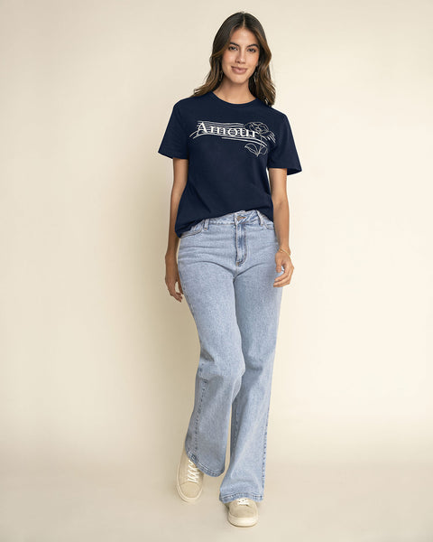 Camiseta manga corta en algodón con estampado en frente#color_c42-azul-oscuro