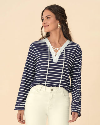 Camiseta manga larga con escote en V y tiras decorativas#color_034-raya-azul-blanco