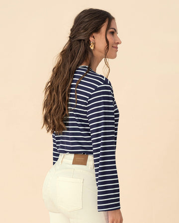 Camiseta manga larga con escote en V y tiras decorativas#color_034-raya-azul-blanco