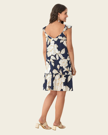 Vestido corto con vuelo en borde en mangas y borde#color_086-flores-blancas