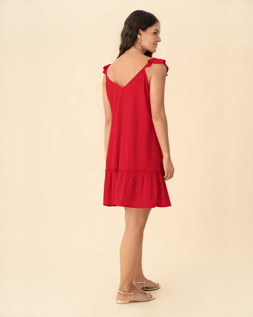 Vestido corto con vuelo en borde en mangas y borde#color_c35-rojo