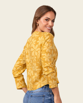 Blusa manga larga de diseño cruzado en frente#color_100-flores
