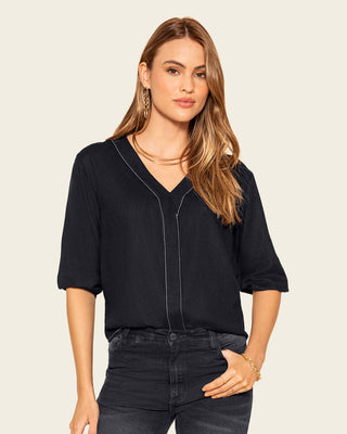 Blusa manga 3/4 con escote en V en espalda#color_700-negro