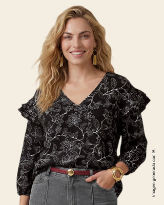 Blusa manga 3/4 con vuelo en bordes en hombros#color_008-flores