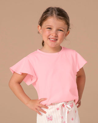 Camiseta de pijama manga corta con vuelo en bordes y estampado localizado#color_c68-rosado