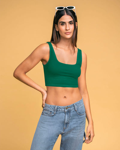 Camiseta manga sisa crop top en tejido acanalado#color_620-verde-oscuro