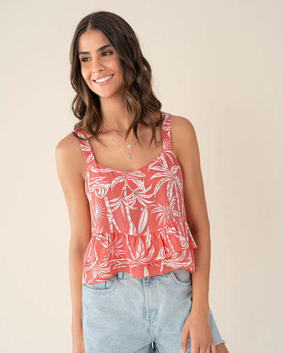 Blusa tiritas con escote en V y vuelo en bordes#color_104-fondo-coral