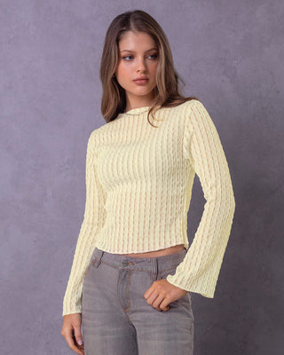 Camiseta manga larga cuello redondo alto en tela con textura#color_018-marfil