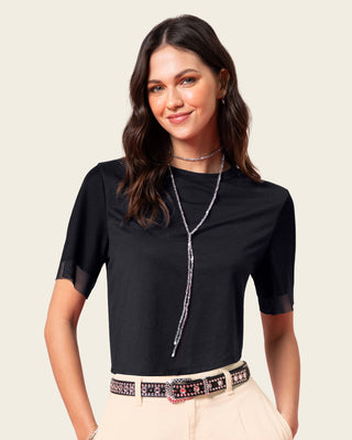 Camiseta cuello redondo con mangas en transparencia#color_c32-magenta