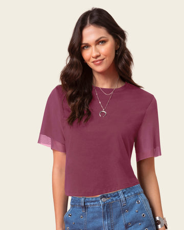 Camiseta cuello redondo con mangas en transparencia#color_c43-verde-jade