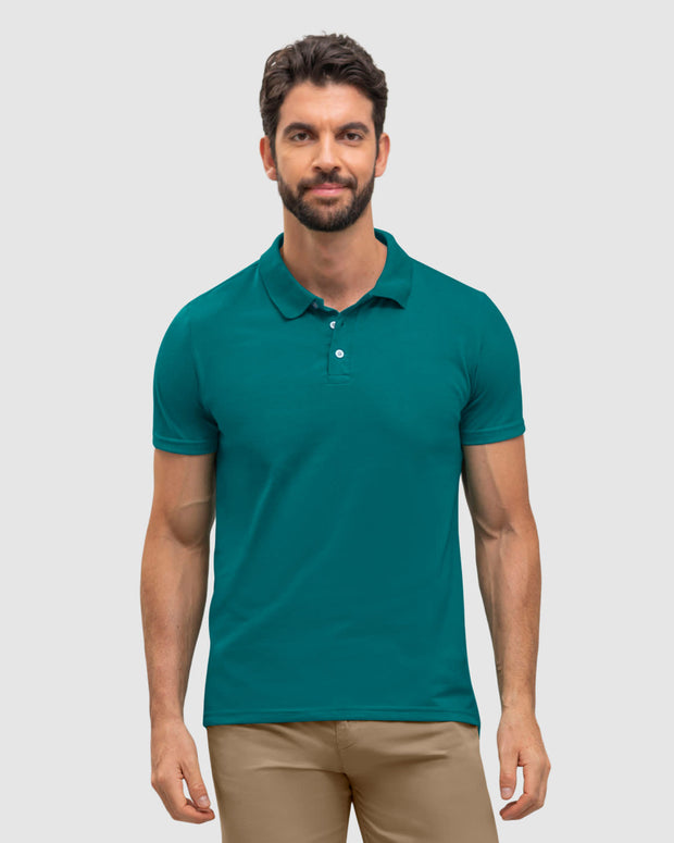 Camiseta tipo polo con botones  funcionales  con mangas y cuello tejido#color_063-verde-azul