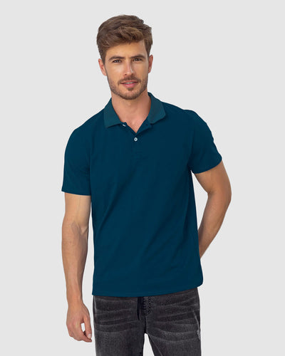 Camiseta tipo polo con botones  funcionales  con mangas y cuello tejido#color_294-azul-petroleo