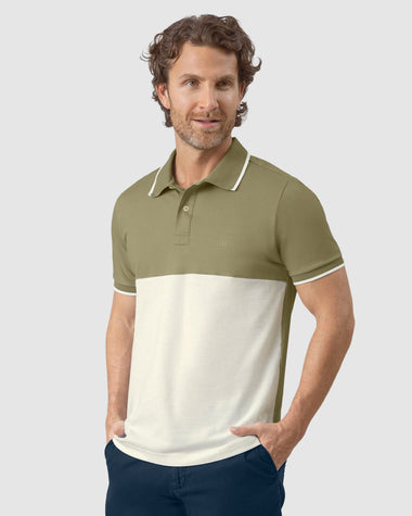Camiseta tipo polo bloque de color#color_395-verde-marfil