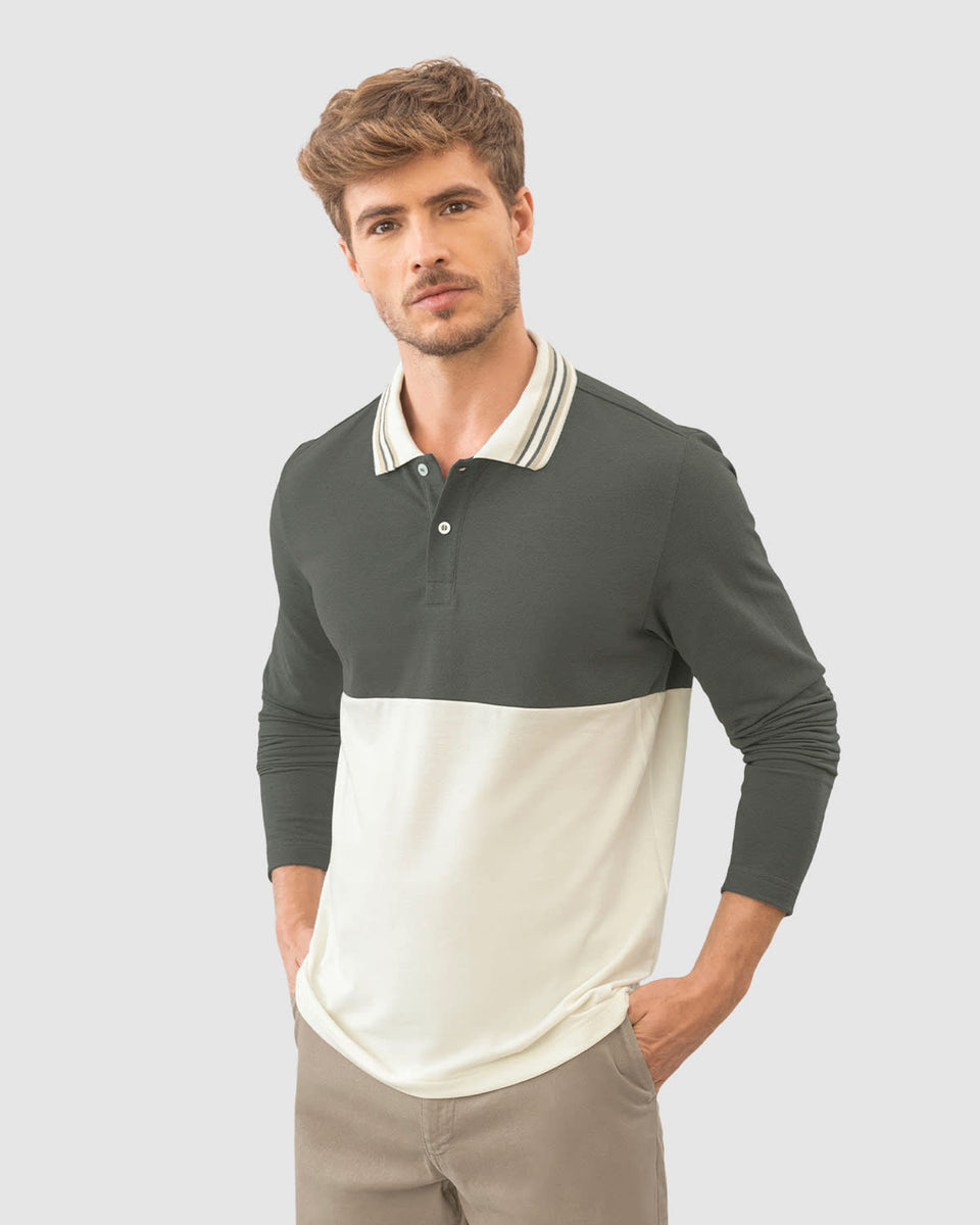 Camiseta manga largo tipo polo con bloque de color