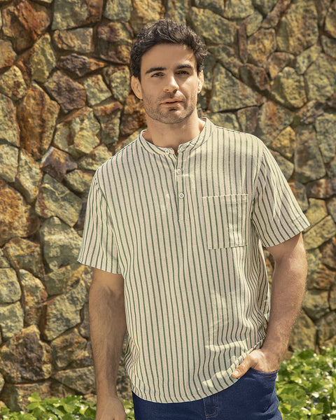 Camisa manga corta cuello nerú en tela tipo lino#color_601-rayas-verde